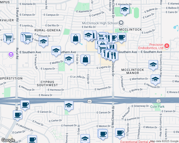 map of restaurants, bars, coffee shops, grocery stores, and more near 3509 South Elm Street in Tempe