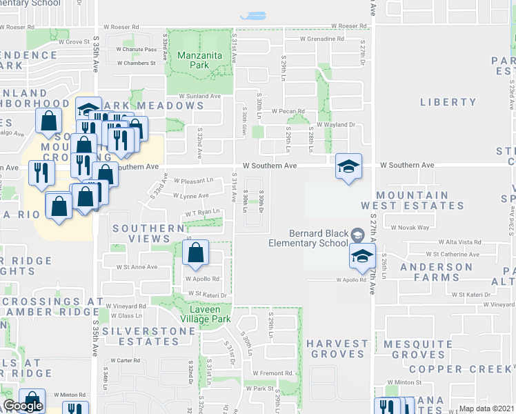 map of restaurants, bars, coffee shops, grocery stores, and more near 3024 West T Ryan Lane in Phoenix