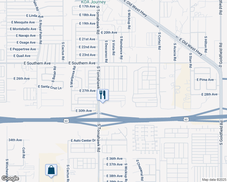 map of restaurants, bars, coffee shops, grocery stores, and more near Cochise Lane in Apache Junction