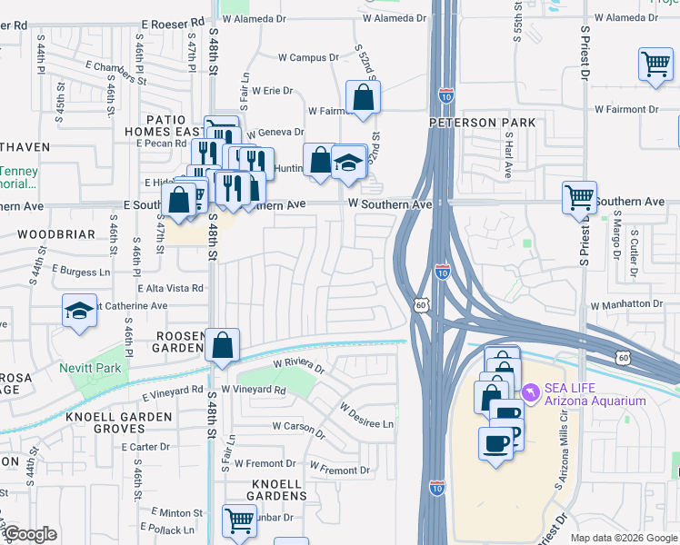 map of restaurants, bars, coffee shops, grocery stores, and more near 2401 West Southern Avenue in Tempe