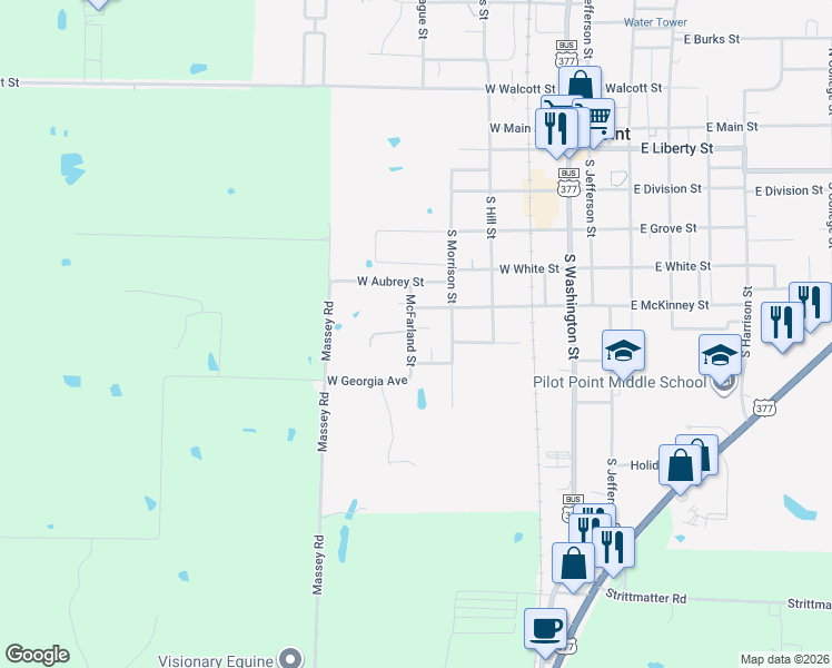 map of restaurants, bars, coffee shops, grocery stores, and more near 701 McFarland Street in Pilot Point