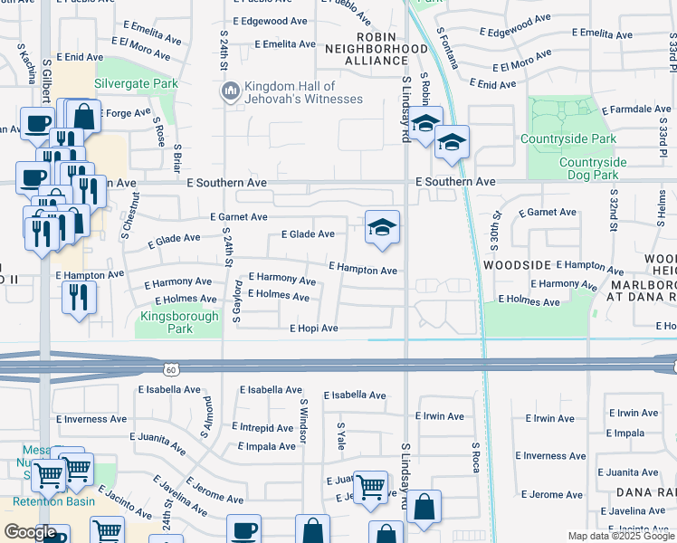 map of restaurants, bars, coffee shops, grocery stores, and more near 2635 East Hampton Avenue in Mesa