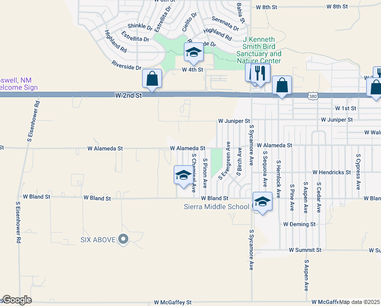 map of restaurants, bars, coffee shops, grocery stores, and more near 402 South Pinon Avenue in Roswell