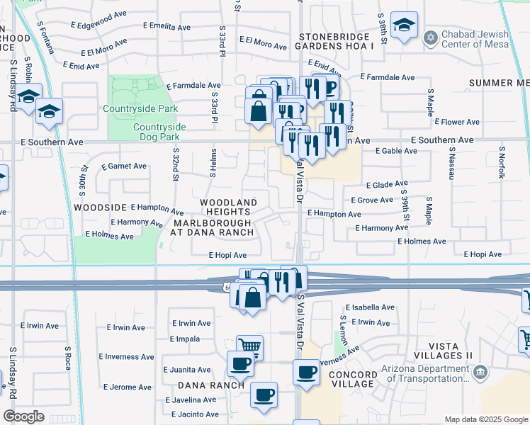map of restaurants, bars, coffee shops, grocery stores, and more near 94 East Dana Ranch Villas in Mesa