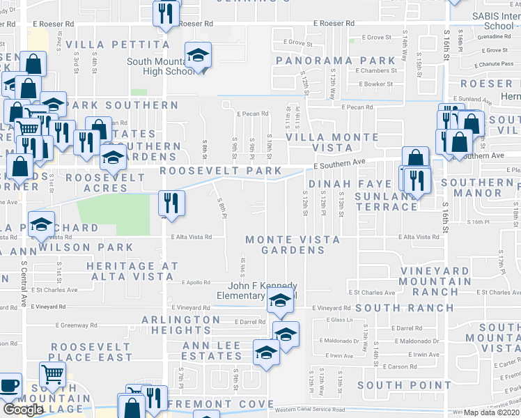 map of restaurants, bars, coffee shops, grocery stores, and more near 6208 South 10th Street in Phoenix