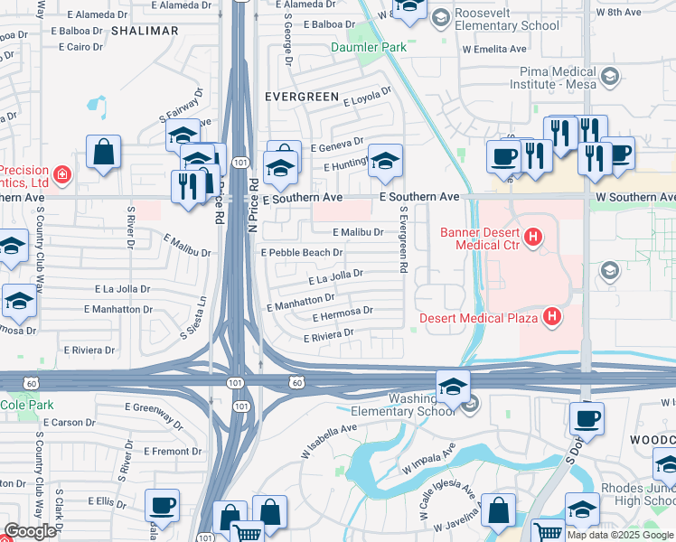 map of restaurants, bars, coffee shops, grocery stores, and more near 2440 E La Jolla Dr in Tempe