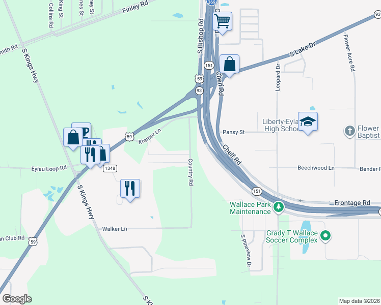 map of restaurants, bars, coffee shops, grocery stores, and more near 554 Country Road in Texarkana