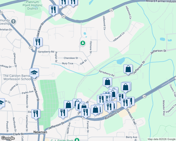 map of restaurants, bars, coffee shops, grocery stores, and more near 73 Sprayberry Road in Newnan
