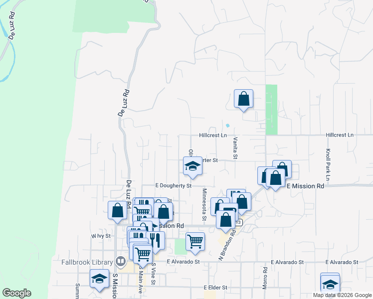 map of restaurants, bars, coffee shops, grocery stores, and more near 938 Olive Avenue in Fallbrook