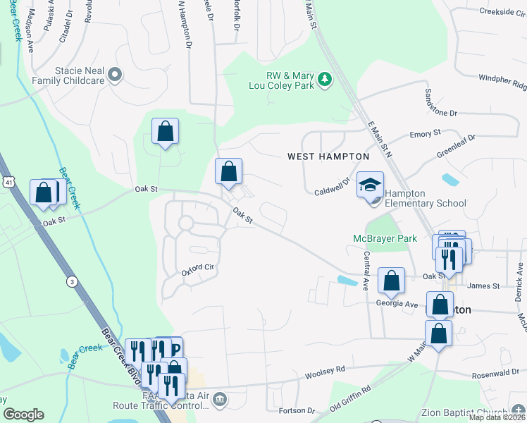 map of restaurants, bars, coffee shops, grocery stores, and more near 132 Hampton Oaks Drive in Hampton