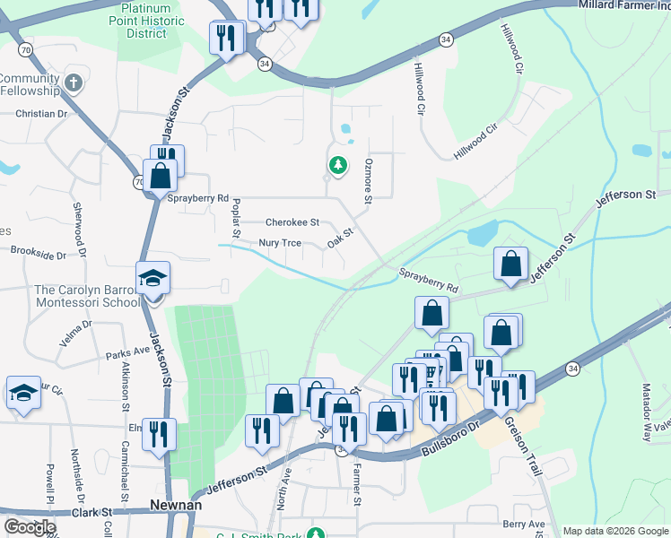 map of restaurants, bars, coffee shops, grocery stores, and more near 16 Alejo Court in Newnan