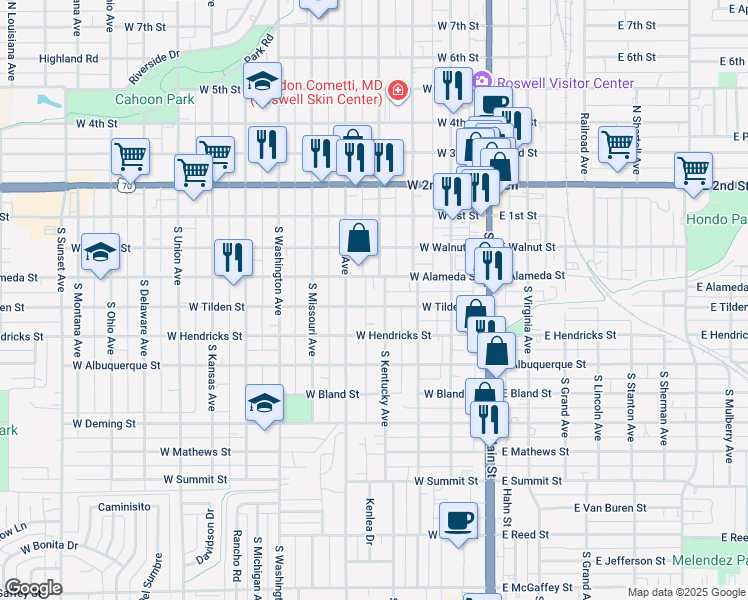 map of restaurants, bars, coffee shops, grocery stores, and more near 401-413 West Tilden Street in Roswell