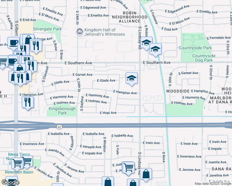 map of restaurants, bars, coffee shops, grocery stores, and more near 2635 East Hampton Avenue in Mesa