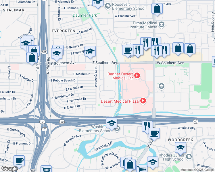 map of restaurants, bars, coffee shops, grocery stores, and more near 2645 East Southern Avenue in Tempe