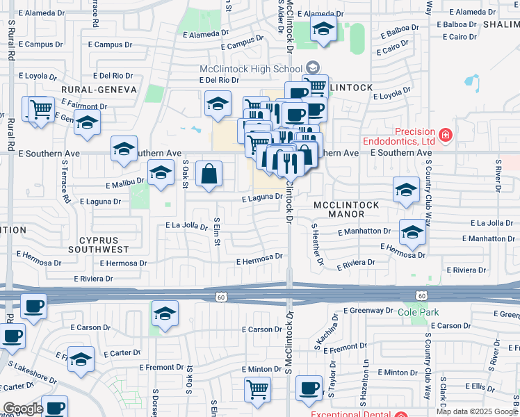 map of restaurants, bars, coffee shops, grocery stores, and more near 1724 East Pebble Beach Drive in Tempe