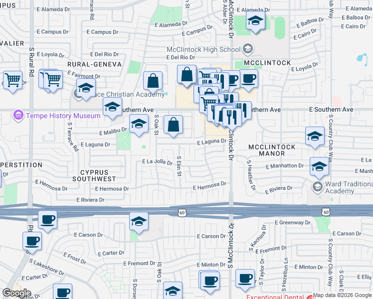 map of restaurants, bars, coffee shops, grocery stores, and more near 3509 South Elm Street in Tempe