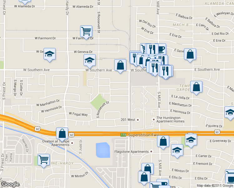map of restaurants, bars, coffee shops, grocery stores, and more near 400 West La Jolla Drive in Tempe