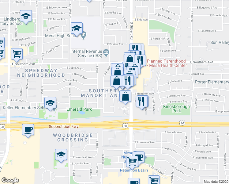 map of restaurants, bars, coffee shops, grocery stores, and more near 1902 East Hampton Avenue in Mesa