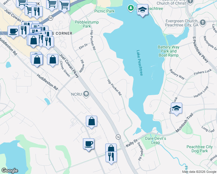 map of restaurants, bars, coffee shops, grocery stores, and more near 233 Cedar Drive in Peachtree City