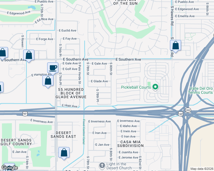 map of restaurants, bars, coffee shops, grocery stores, and more near 7944 East Hampton Avenue in Mesa