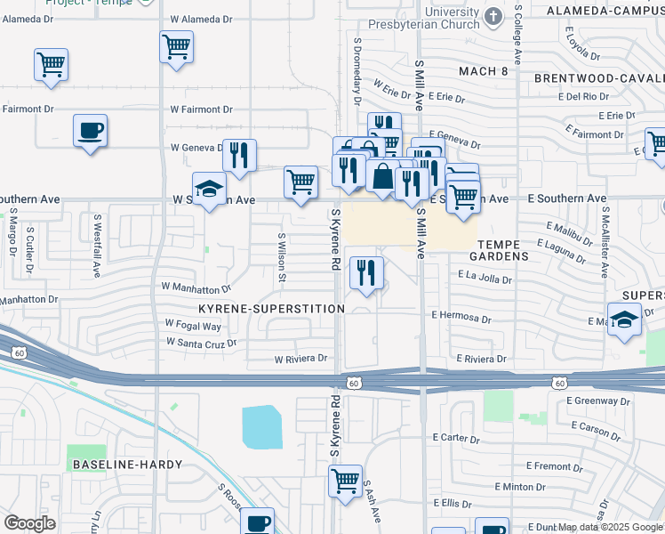 map of restaurants, bars, coffee shops, grocery stores, and more near 302 West La Jolla Drive in Tempe