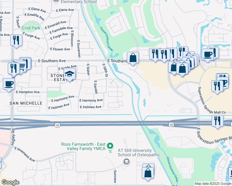 map of restaurants, bars, coffee shops, grocery stores, and more near 5841 East Hoover Avenue in Mesa