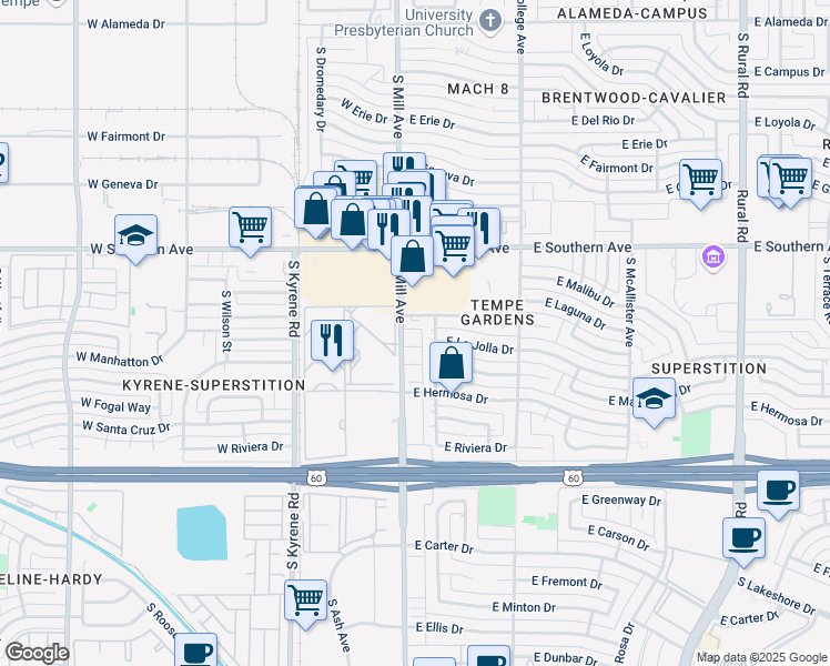 map of restaurants, bars, coffee shops, grocery stores, and more near 3717 South Mill Avenue in Tempe
