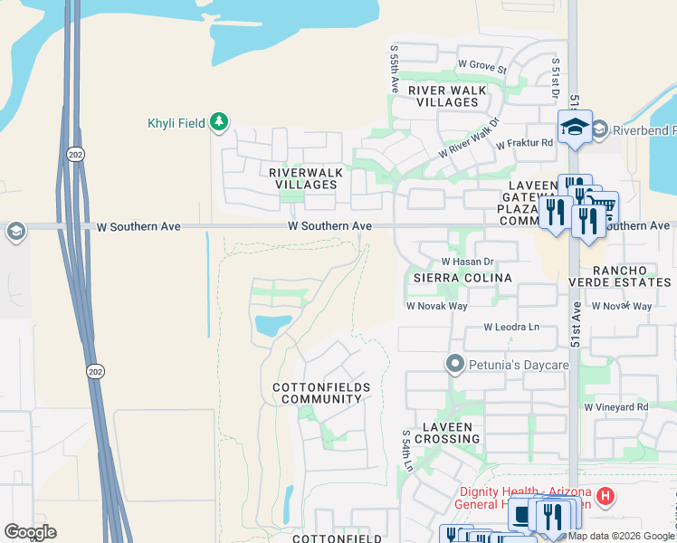 map of restaurants, bars, coffee shops, grocery stores, and more near 6203 South Cottonfields Lane in Phoenix