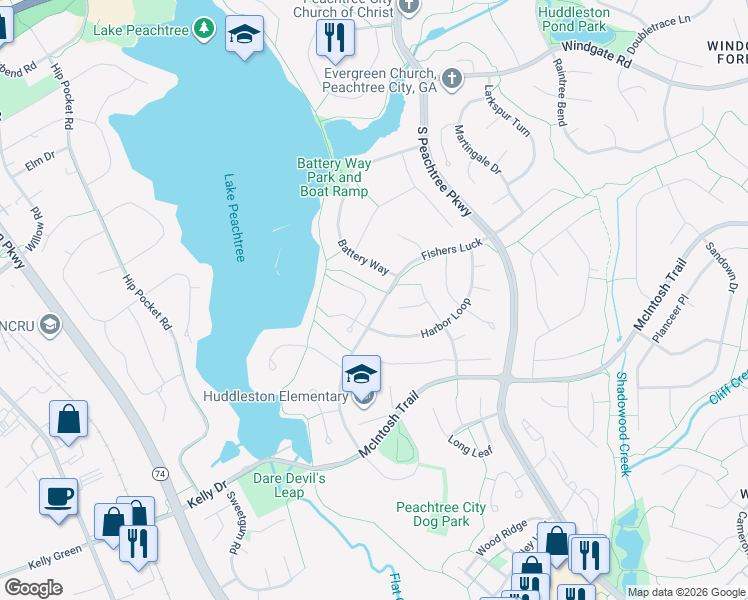 map of restaurants, bars, coffee shops, grocery stores, and more near 206 Driftwood Lane in Peachtree City
