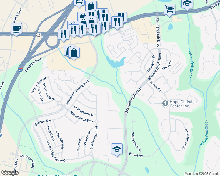 map of restaurants, bars, coffee shops, grocery stores, and more near 263 Bridgewater Lane in Newnan