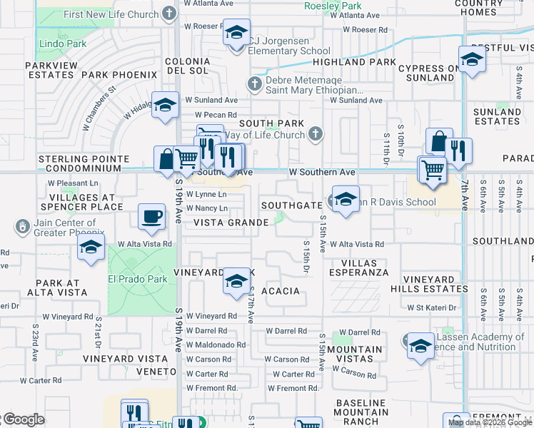 map of restaurants, bars, coffee shops, grocery stores, and more near 1629 West Burgess Lane in Phoenix