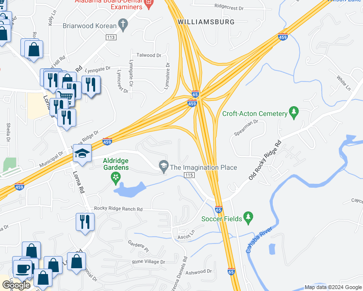 map of restaurants, bars, coffee shops, grocery stores, and more near 3725 Stone Ridge Terrace in Birmingham