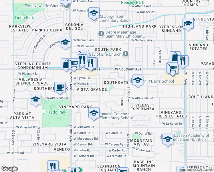 map of restaurants, bars, coffee shops, grocery stores, and more near 1629 West Burgess Lane in Phoenix