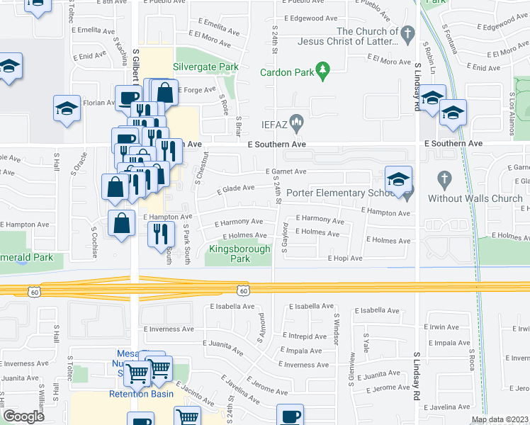 map of restaurants, bars, coffee shops, grocery stores, and more near 2345 East Hampton Avenue in Mesa