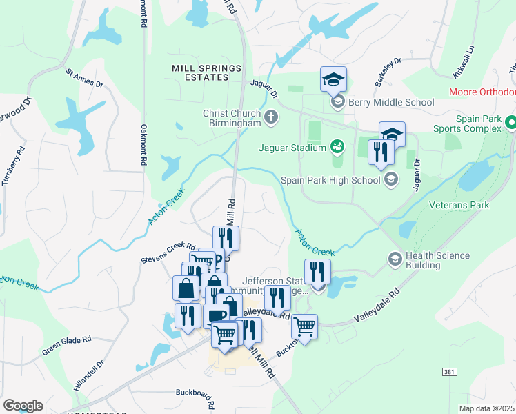map of restaurants, bars, coffee shops, grocery stores, and more near 2804 Altadena South Way in Birmingham