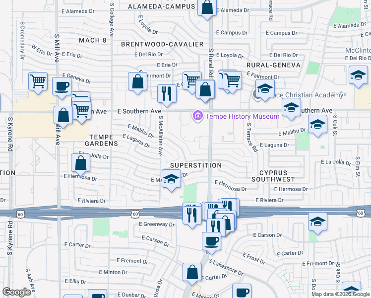 map of restaurants, bars, coffee shops, grocery stores, and more near 656 East Malibu Drive in Tempe