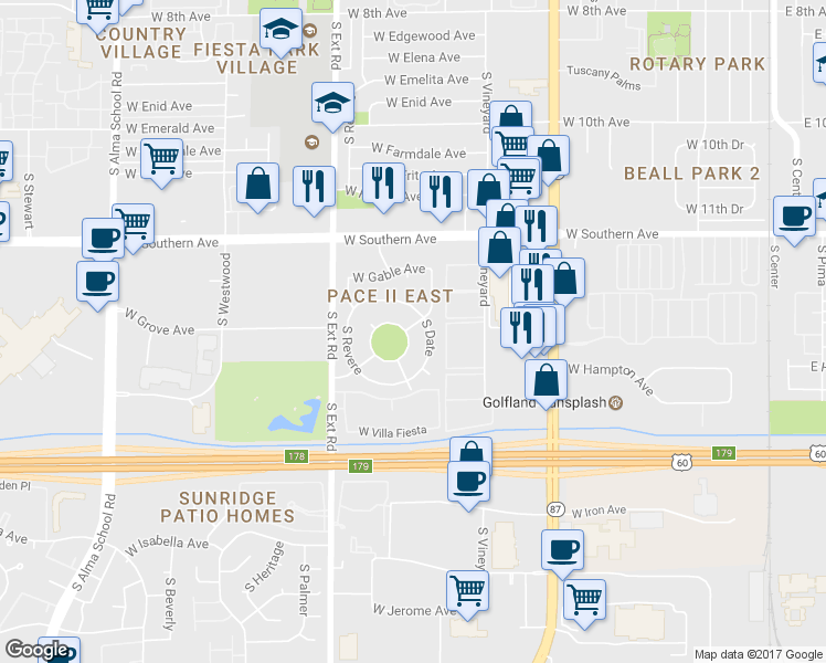 map of restaurants, bars, coffee shops, grocery stores, and more near 642 West Grove Circle in Mesa