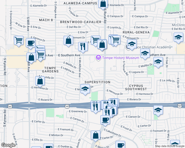 map of restaurants, bars, coffee shops, grocery stores, and more near 656 East Malibu Drive in Tempe