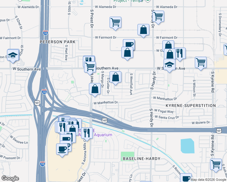 map of restaurants, bars, coffee shops, grocery stores, and more near 1210 West La Jolla Drive in Tempe