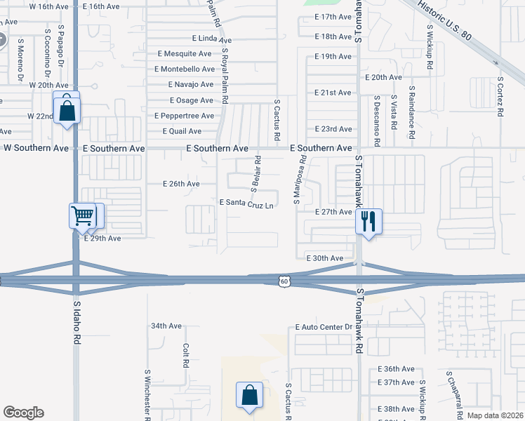 map of restaurants, bars, coffee shops, grocery stores, and more near 1031 East Santa Cruz Lane in Apache Junction