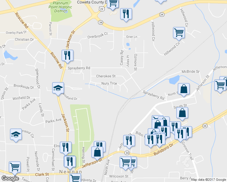 map of restaurants, bars, coffee shops, grocery stores, and more near 15 Andrea Court in Newnan