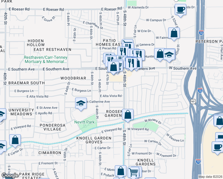 map of restaurants, bars, coffee shops, grocery stores, and more near 4647 East Burgess Lane in Phoenix