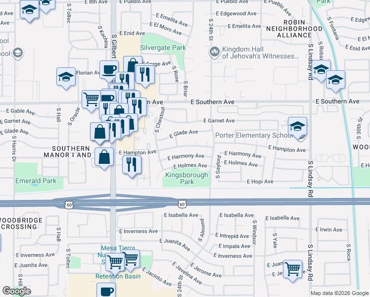 map of restaurants, bars, coffee shops, grocery stores, and more near 2310 East Harmony Avenue in Mesa