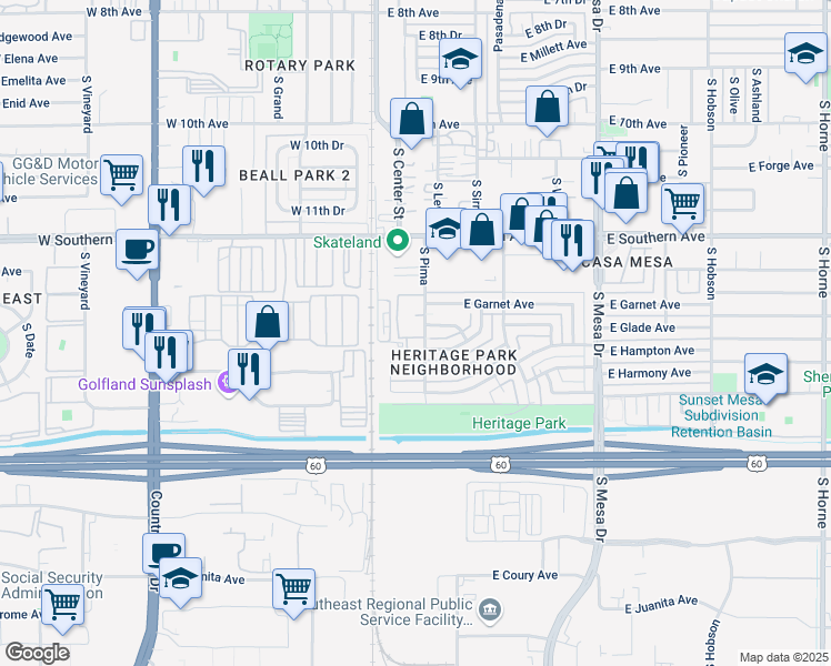 map of restaurants, bars, coffee shops, grocery stores, and more near 108 East Grove Avenue in Mesa