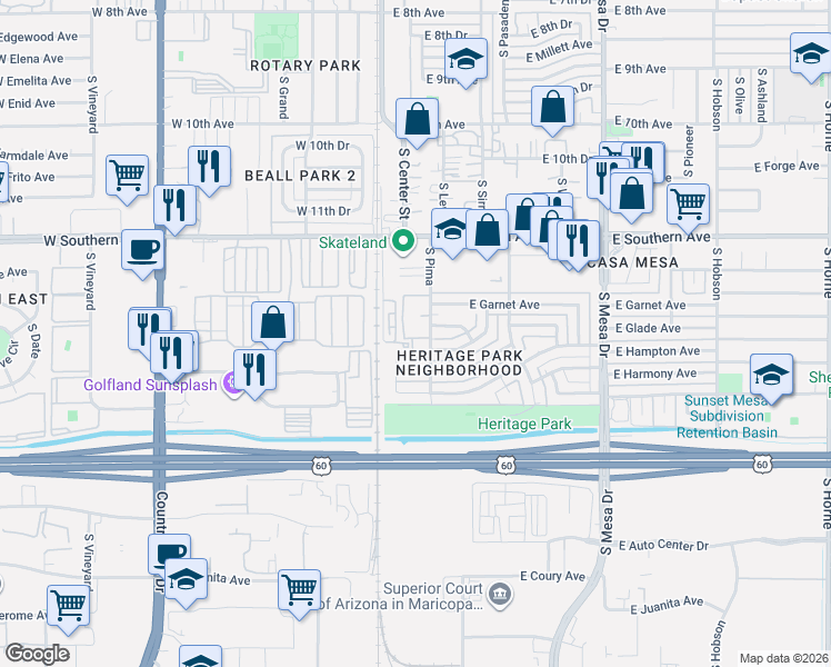 map of restaurants, bars, coffee shops, grocery stores, and more near 108 East Grove Avenue in Mesa