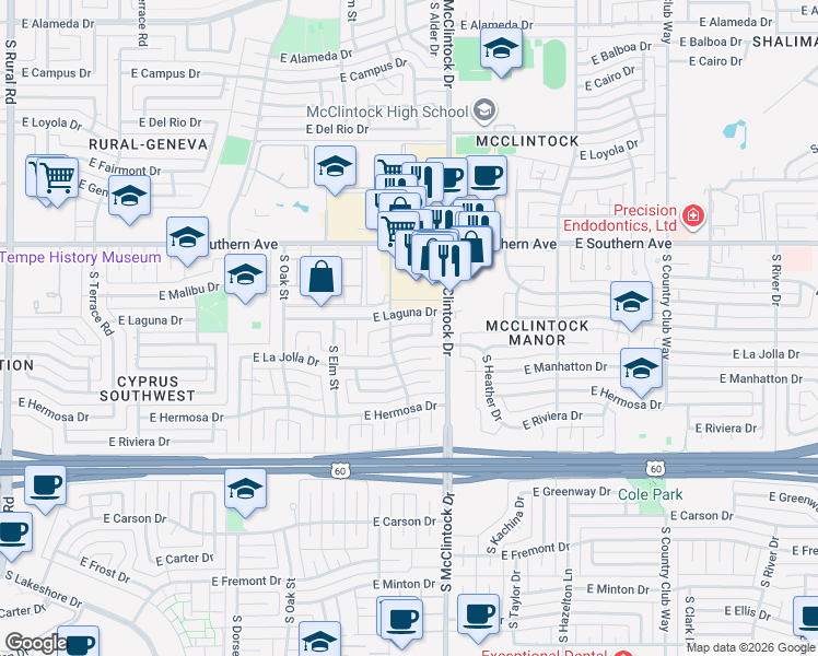 map of restaurants, bars, coffee shops, grocery stores, and more near 1724 East Pebble Beach Drive in Tempe
