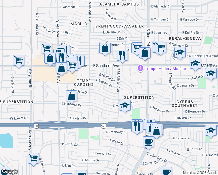 map of restaurants, bars, coffee shops, grocery stores, and more near 531 East Laguna Drive in Tempe