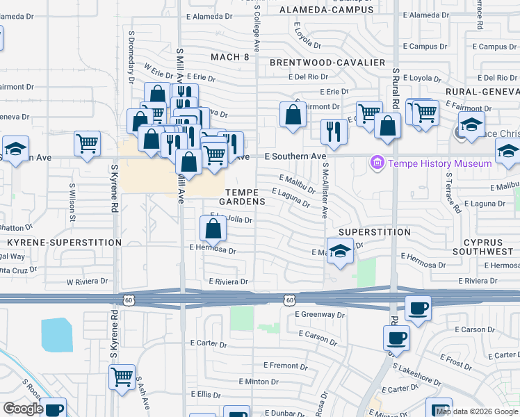 map of restaurants, bars, coffee shops, grocery stores, and more near in Tempe