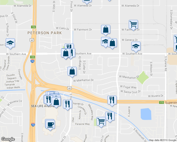 map of restaurants, bars, coffee shops, grocery stores, and more near 1210 West La Jolla Drive in Tempe
