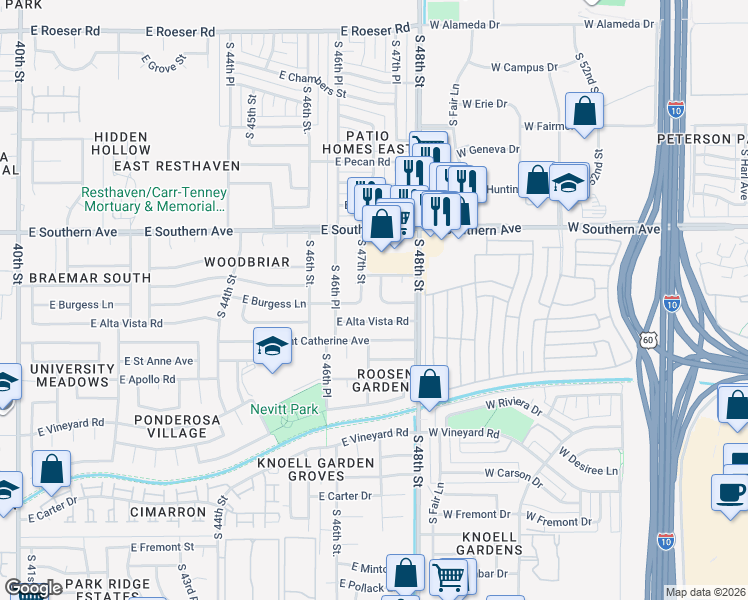 map of restaurants, bars, coffee shops, grocery stores, and more near 4647 East Burgess Lane in Phoenix